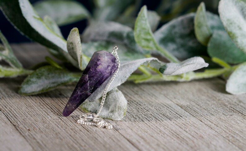 May include: A purple amethyst crystal pendulum on a silver chain. The pendulum is hanging against a backdrop of green leaves.