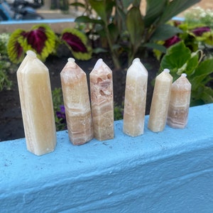 May include: Six polished beige and white calcite crystal points arranged in a row on a blue surface. The crystals are various sizes and shapes.
