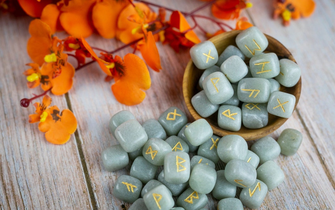 Green Aventurine Rune Stone Set Crystal Runestones - Etsy
