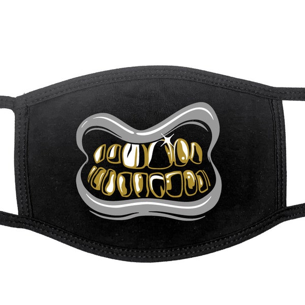 Grillz Rapper Teeth facemask | Gold Teeth shiny Chrome, Machine Washable, reusable Hip Hop Mouth Jewelry