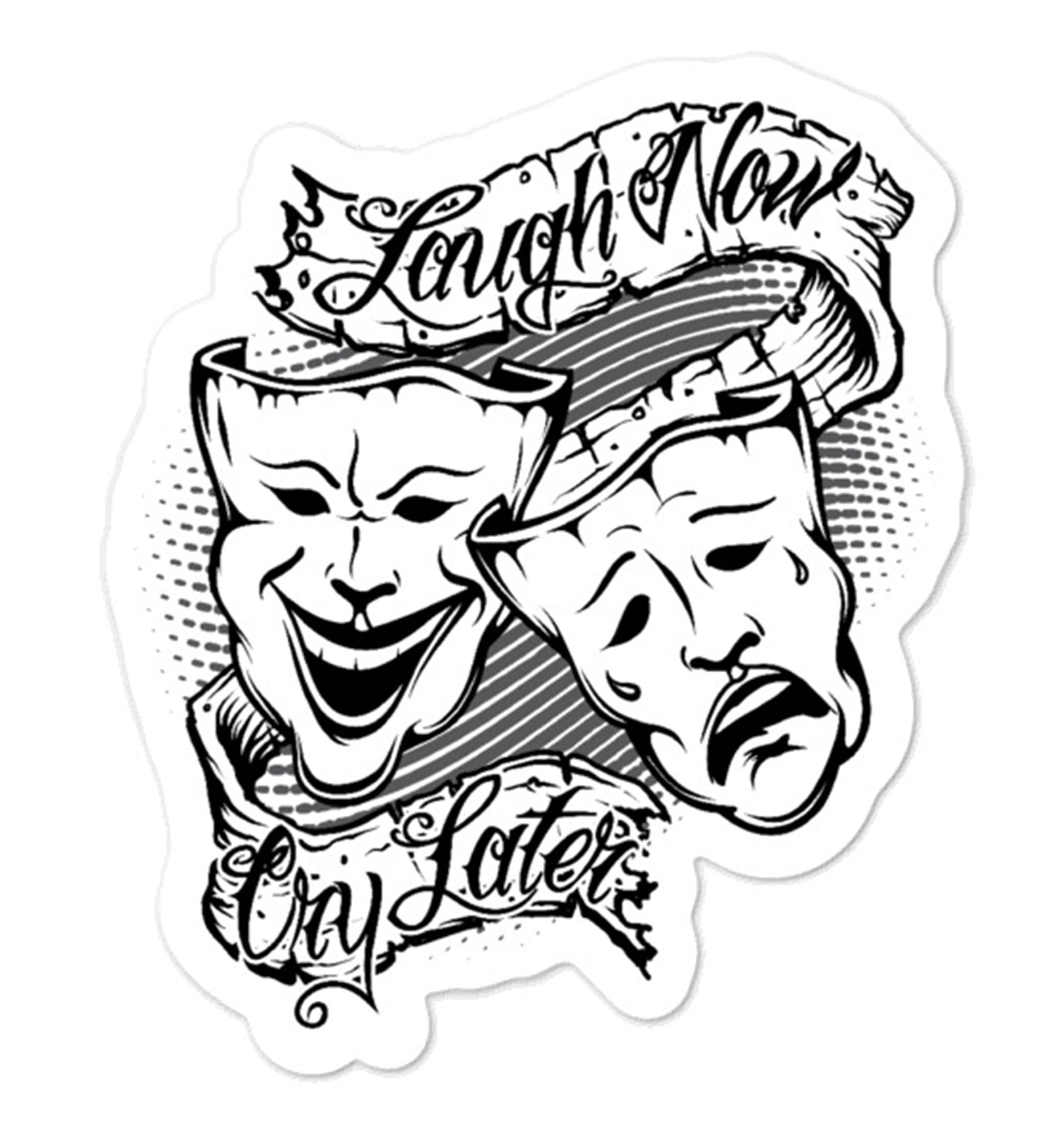 Laugh now, cry later: Contrasting clown masks, one laughing and the other  sad. Tattoo style. | Sticker