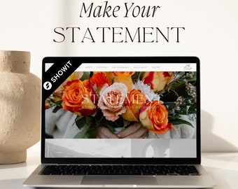 May include: A laptop computer displaying a website for a photography business called "Statement". The website features a photo of a bouquet of orange and pink roses. The text "Make Your Statement" appears above the laptop.