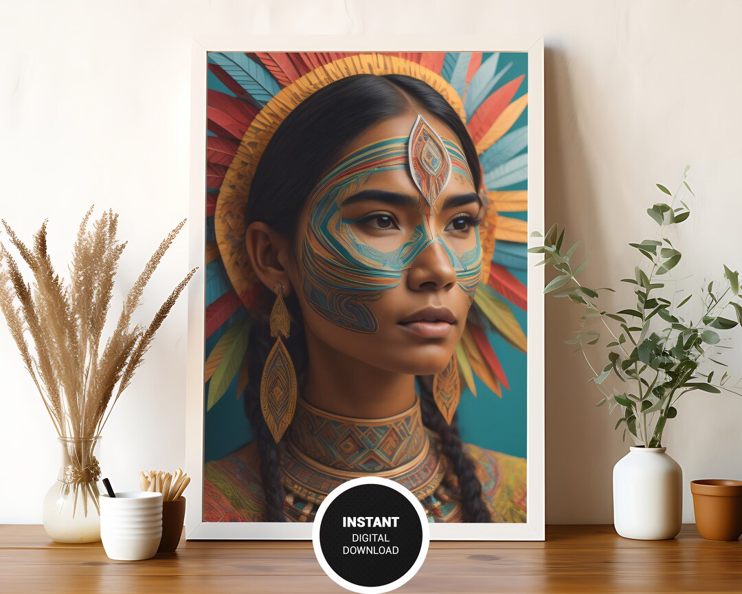Traditional Soul Native Indian Woman With Feathers Wall Art Feathered