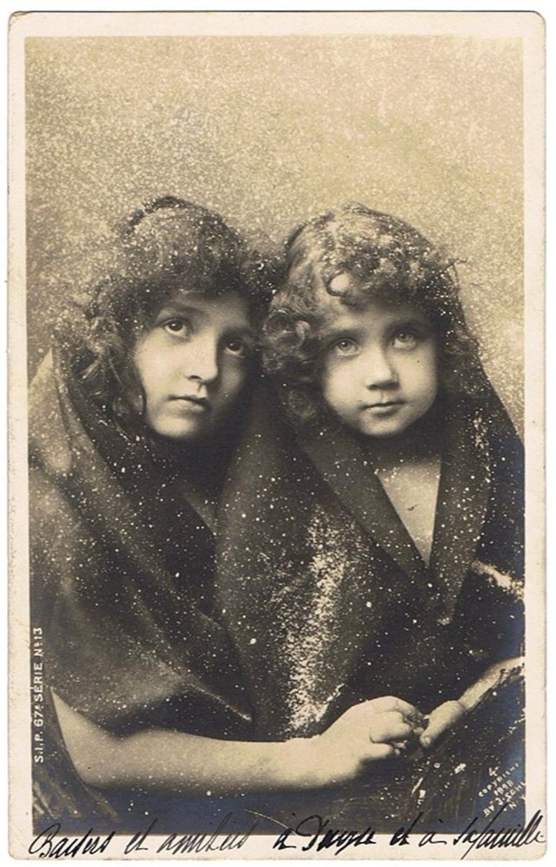 France Ephemera 1903 Children under the snow Authentic french vintage postcard with stamp