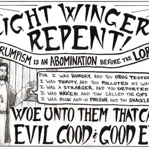 Right wingers repent - Trumpism is an abomination before the LORD - Jesus knocking on door large sticker