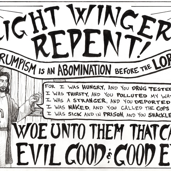 Right wingers repent - Trumpism is an abomination before the LORD - Jesus knocking on door large sticker