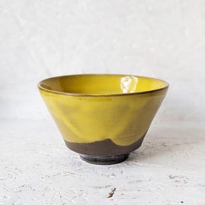 Handmade Stoneware Bowl – Dark Clay with Glossy Yellow Glaze