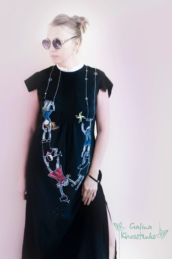 hand painted linen dress Santiago Maxi Dress l Hand-painted Dots Pearl + Polar Linen