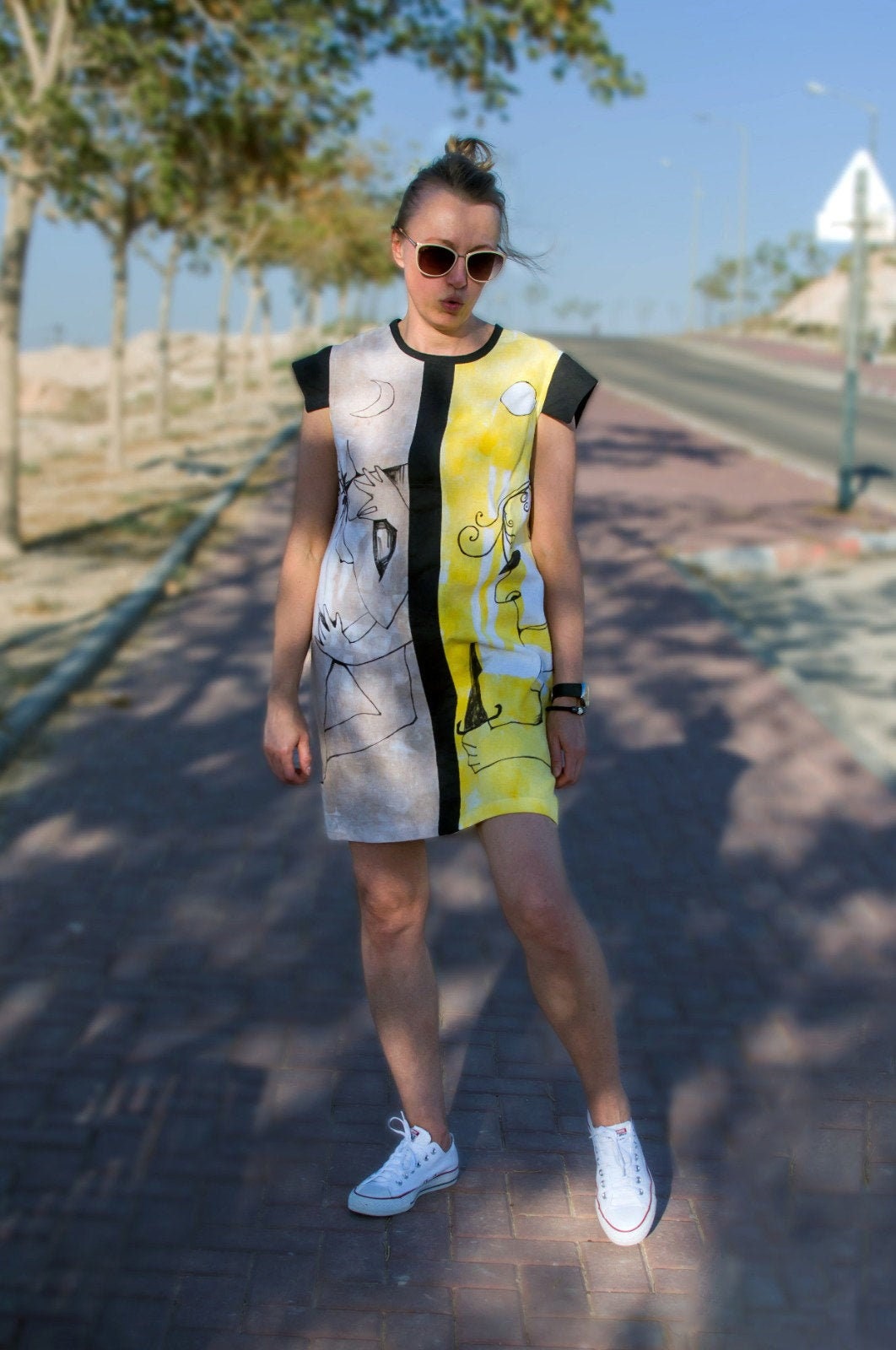 stretchy linen blend dress A-line Linen Dress CHILOE in Natural Melange
