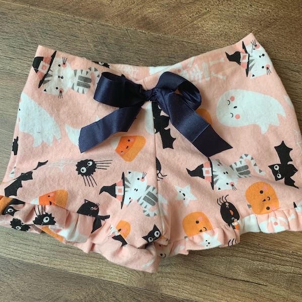 Halloween girl’s soft flannel lounge shorts with twill tie