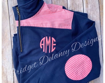 Unisex ADULT terry Pullover, zip neck, contrasting gingham/seersucker, monogrammed