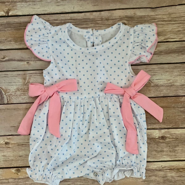 Girl’s knit romper, bitty dots, side ties, flutter sleeves