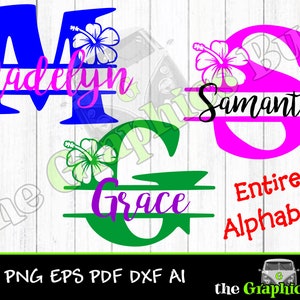 A-Z Split Monogram Alphabet with Hibiscus flower lettering SVG for Cricut, Silhouette vinyl cutter 26 letters PNG EPS vinyl window graphics