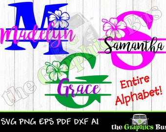 A-Z Split Monogram Alphabet with Hibiscus flower lettering SVG for Cricut, Silhouette vinyl cutter 26 letters PNG EPS vinyl window graphics
