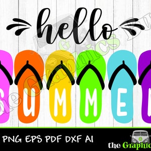 May include: A colorful graphic design featuring the word "hello" and five flip-flops with the word "summer" spelled out on them. The flip-flops are pink, orange, yellow, green, and purple.