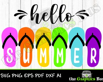 Hello Summer Flip Flops SVG for Commercial use, summertime, flip flops, vacation pdf eps, ai Clipart Vector Shirt Cricut or Silhouette
