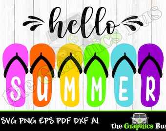 Hello Summer Flip Flops SVG for Commercial use, summertime, flip flops, vacation pdf eps, ai Clipart Vector Shirt Cricut or Silhouette