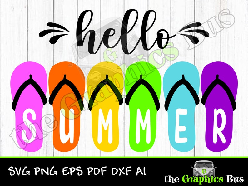 May include: A colorful graphic design featuring the word "hello" and five flip-flops with the word "summer" spelled out on them. The flip-flops are pink, orange, yellow, green, and purple.