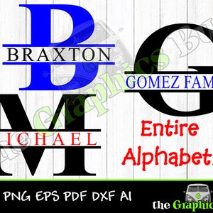 May include: A digital design file for a split monogram with the letters B, M, and G. The letters are in black and blue with the names Braxton, Michael, and Gomez Family written in white.