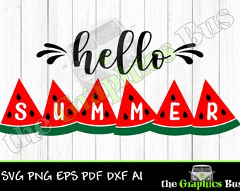 Hello Summer Watermelon SVG for Commercial use, summertime, flip flops, vacation pdf eps, ai Clipart Vector Shirt Cricut or Silhouette