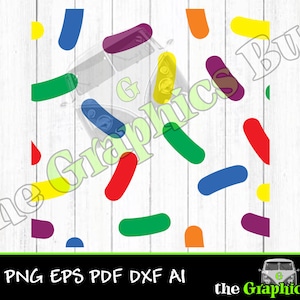 May include: A digital design featuring a white background with a pattern of colorful, elongated shapes. The shapes are in various colors, including red, yellow, blue, green, and purple. The design is perfect for creating a fun and vibrant look for your projects.