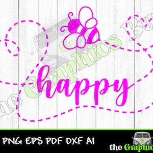 May include: A pink bee with a dotted line around it that says "happy".