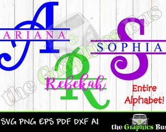 A-Z Split Monogram Alphabet fancy SVG for Cricut or Silhouette vinyl cutter 26 letters PNG eps dxf PDF for vinyl window graphics layered