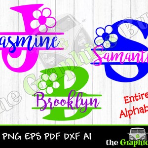 A-Z Split Monogram Alphabet with Daisy flower lettering SVG for Cricut or Silhouette vinyl cutter 26 letters PNG EPS vinyl window graphics