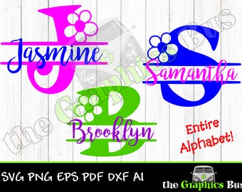 A-Z Split Monogram Alphabet with Daisy flower lettering SVG for Cricut or Silhouette vinyl cutter 26 letters PNG EPS vinyl window graphics