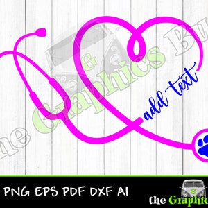 May include: Pink stethoscope shaped into a heart with a blue paw print in the center. The text "add text" is written inside the heart.