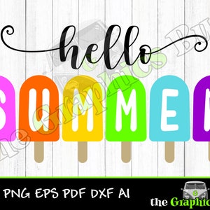 May include: A colorful graphic design featuring the text "hello summer" with five popsicle shapes in pink, orange, yellow, green, and purple. Each popsicle shape has a white letter spelling out the word "SUMMER".
