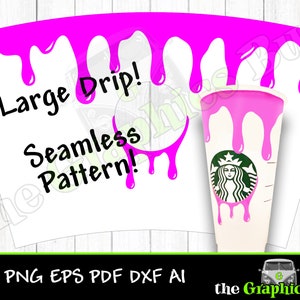 May include: A white cup with a pink drip design. The cup has a large drip design with the text "Large Drip! Seamless Pattern!" on the front. The cup is a template for a custom design.