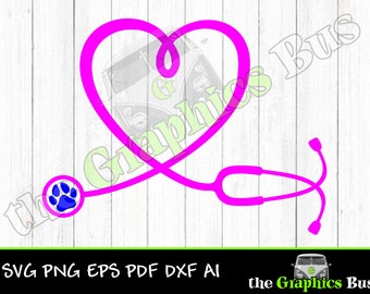 Heart Stethoscope with Paw Print SVG, Stethescope pdf Veterinarian vet tech eps, ai Clipart Vector Shirt dxf Hospital cricut