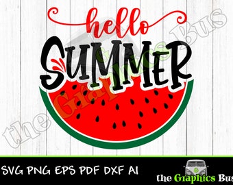 Hello Summer Watermelon SVG for Commercial use, summertime, flip flops, vacation pdf eps, ai Clipart Vector Shirt Cricut or Silhouette