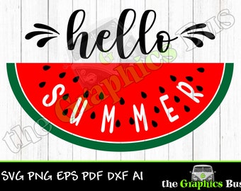 Hello Summer Watermelon SVG for Commercial use, summertime, flip flops, vacation pdf eps, ai Clipart Vector Shirt Cricut or Silhouette