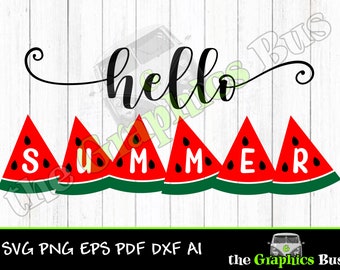 Hello Summer Watermelon SVG for Commercial use, summertime, flip flops, vacation pdf eps, ai Clipart Vector Shirt Cricut or Silhouette