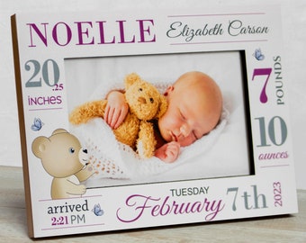 Personalized Baby Picture Frame: Girl- Birth Stats, Newborn- Teddy Bear-Free Birth Magnet