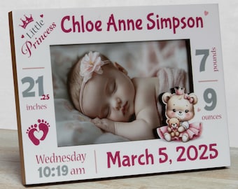 Personalized Baby Picture Frame: Princess - Birth Stats - Girl-Free Birth Magnet