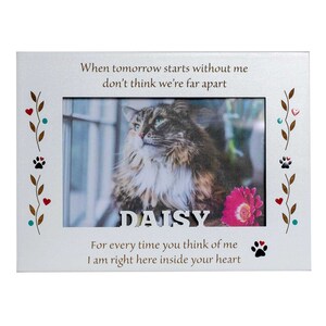 May include: A rectangular, silver-colored picture frame with a photo of a cat named Daisy. The frame has decorative paw prints, hearts, and text that reads, "When tomorrow starts without me don't think we're far apart." and "For every time you think of me I am right here inside your heart."