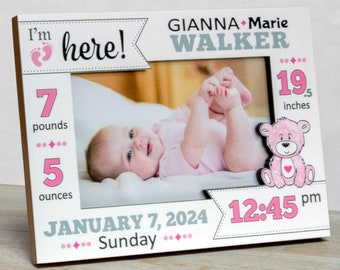 Personalized Baby Picture Frame: Girl - Birth Stats-Teddy Bear