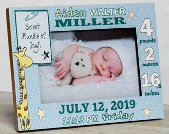 Personalized Birth Announcement Picture Frame: Gift for New Parents, Boy-Giraffe-Free Birth Magnet