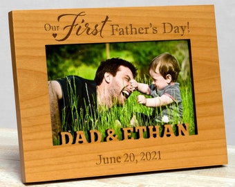 Personalized First Father's Day Picture Frame: Laser Engraved Hardwood, Custom Names