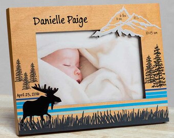 Personalized Baby Picture Frame: Birth Stats-Boy-Rustic Woodland Moose-Free Birth Magnet