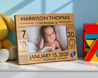 Personalized Baby Picture Frame: Birth Stats -Boy-Girl-Hardwood-Free Birth Magnet