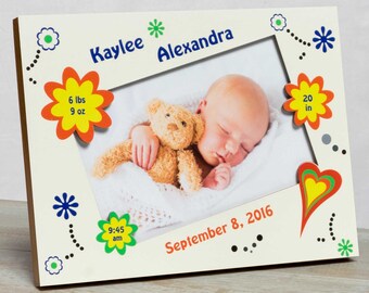 Personalized Baby Girl Picture Frame: 70s Floral Theme- Birth Stats Frame
