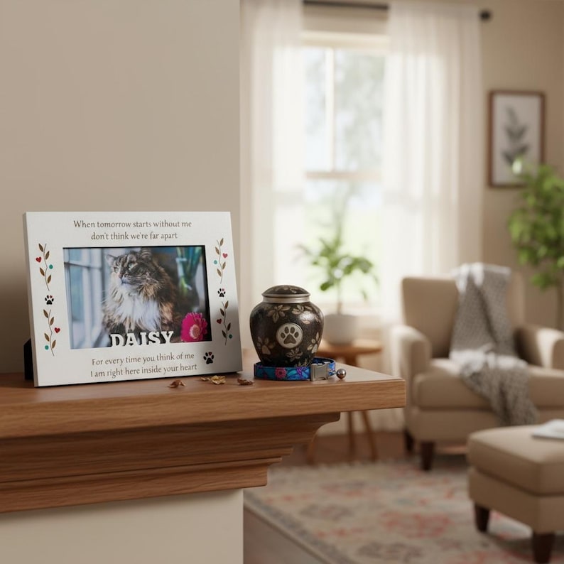 May include: A white photo frame with the name "DAISY" and a picture of a cat. The frame has paw prints and floral accents. Beside it is a dark brown pet urn with a paw print design and a blue floral collar.