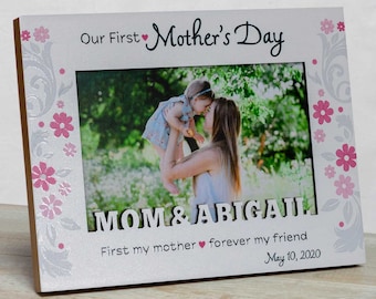 Personalized First Mother's Day Picture Frame: Floral Hardwood, Holds 4x6 Photo