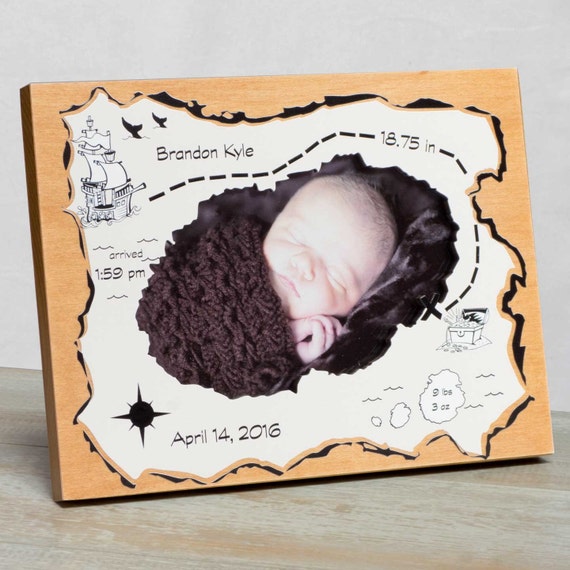 PERSONALISED New Baby//Birth Print Solid Oak BOYS PIRATE SHIP FRAMED Picture