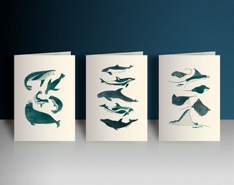 Set of 3 sea life greeting cards, marine themed, dolphin note card, ray thank you card, seal birthday card