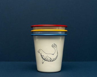 Seal swim enamel tumbler, camping equipment, beach picnic kit, sealife mug, van cup